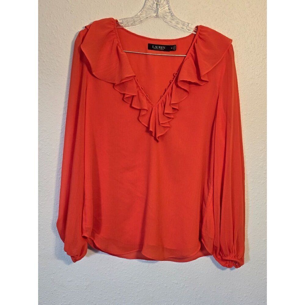 Ralph Lauren Women's Orange Crinkle Tie Up Neck Georgette Blouse Top Size M
